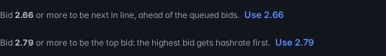 Bid hint: bid a price or more to be next in line, or a higher price to be the top bid, each with a Use button