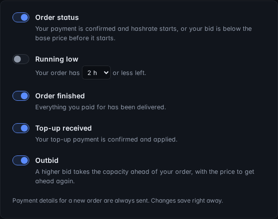 Email notification switches including Outbid
