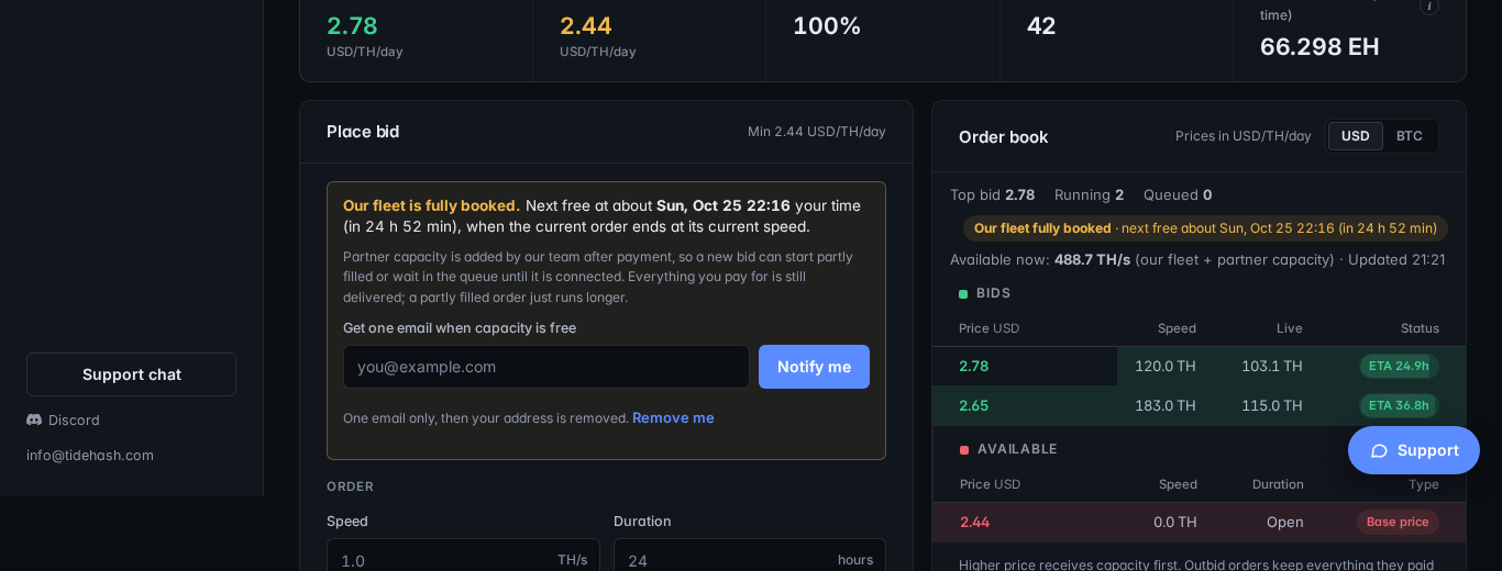 Order book on desktop with the line Available now: our fleet + partner capacity, and the fully booked notice