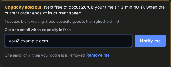 Sold out notice with the next free time and a waitlist email box