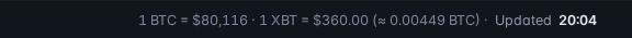 Top bar showing 1 BTC and 1 XBT in US dollars with the update time